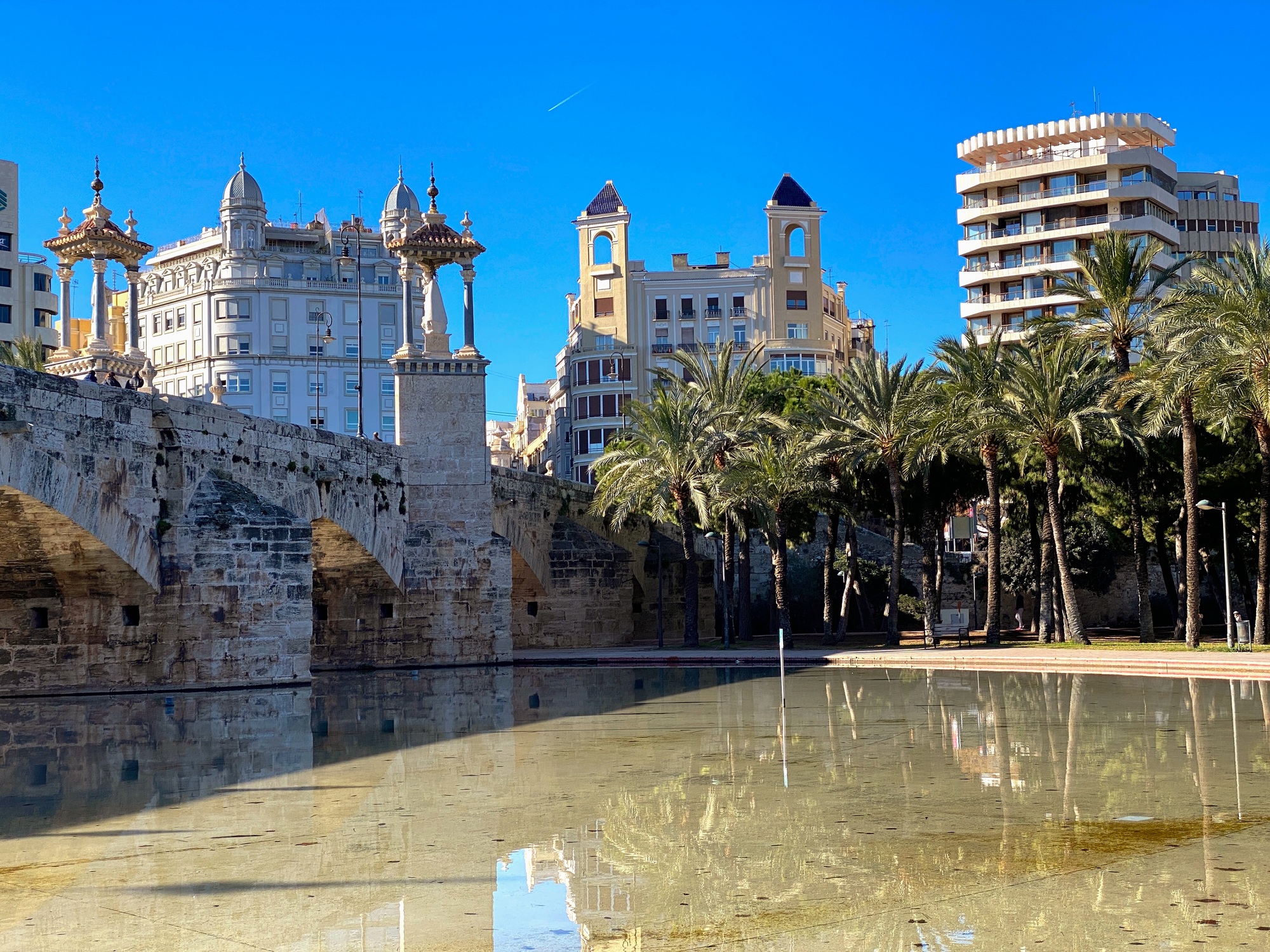 Travel to Valencia, sunny day. Turia Park, the bridge is reflected in the water. City view